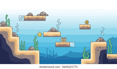 Personagem bonito navega plataformas subaquáticas em pixel arte jogo de aventura