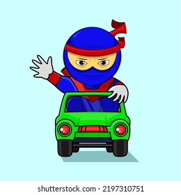 cute character, ninja driving a car, icon, suitable for children's books, t-shirts, displays and others