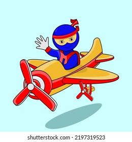 cute character, ninja is riding an airplane, suitable for children's books, flyers, business, social media feeds and others