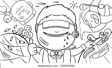 Cute Character on Halloween Day. Halloween ghost doodle art with hand drawn. Halloween doodle art on white backgrounds for drawing for a kid. Monsters cartoon doodle. Black and White picture.