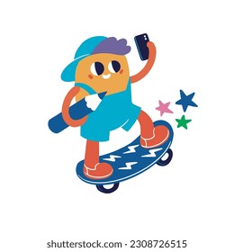 Cute character on skate board with pencil, vector hand drawn art