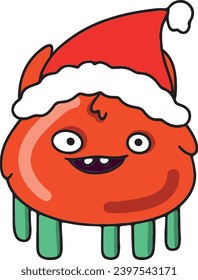 Cute character or orange monster wearing santa claus hat in cartoon style, winter holiday theme mascot for children, fantastic creature