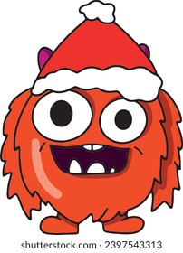 Cute character or orange monster wearing santa claus hat in cartoon style, winter holiday theme mascot for children, fantastic creature