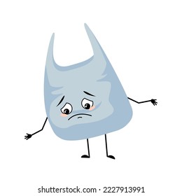 Cute character package with sad emotions, depressed face, down eyes, arms and legs. Plastic bag with melancholy face. Vector flat illustration
