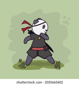 cute character panda playing samurai illustration
