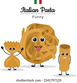 Cute character pasta, funny for menus, banners. Doodle pasta characters. Cute Italian wheat food. Cartoon macaroni mascots with hands legs and kawaii faces. Traditional fusilli or spaghetti. Menu
