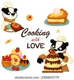 Cute character pastry chef and collection of cakes, sweets, cookies hand-drawn in vector and isolated on a white background. Collection of hand-drawn confectionery element