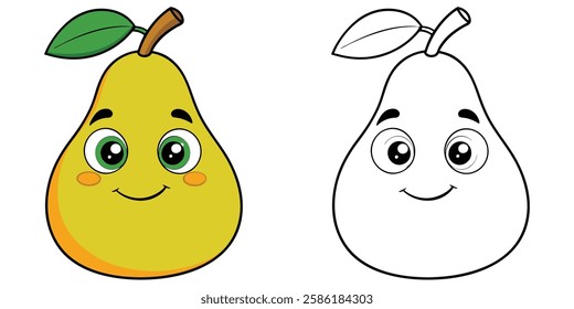 Cute Character of Pear Fruit Cartoon Coloring Book For Kids Printable Vector