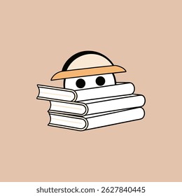Cute character peeking over stack of books wearing a straw hat vector