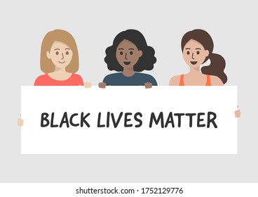 Cute character of people with different skin colors showing protest banner with the text BLACK LIVES MATTER. Unity, equality and stop racism concept. Flat vector illustration.
