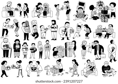 Cute character of people in family exchanging, giving, receiving gifts or present box in special occasion. Black and white ink hand drawn style, outline, thin line art. Big set, bundle. 