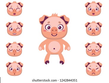 Cute Character Of A Pig. Face Designer. Swap Faces Move Body Parts And Change Mood In A Few Clicks. 100% Vector.