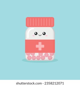 Cute character pills icon in flat style. Happy tablet vector illustration on isolated background. Medical drug sign business concept.