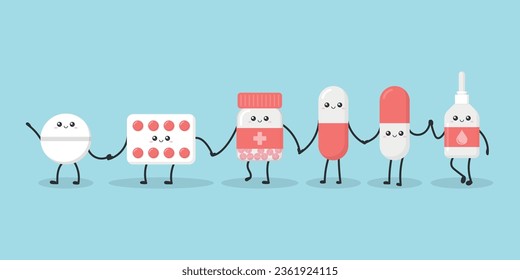 Cute character pills icon in flat style. Happy tablet vector illustration on isolated background. Medical drug sign business concept.