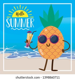 Cute Character Pineapple with a Drink in the Beach Hello Summer