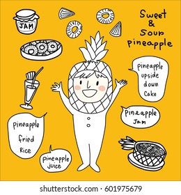 Cute character of pineapple greeting with a big smile. Pineapple dish ideas such as jam, upside down cake, fried rice, juice made with pineapples are included. Vector illustration with doodle style.