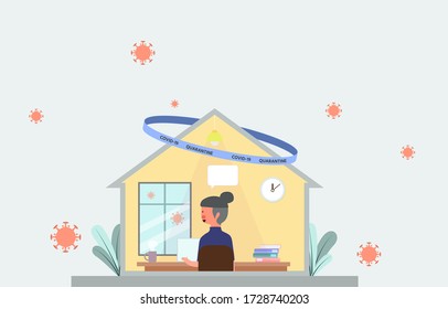 Cute character, Pink cheek, quarantine from covid-19 concept,young man work from home under light ,View from back,Flat style, soft pastel color vector illustration for graphic design,website or banner