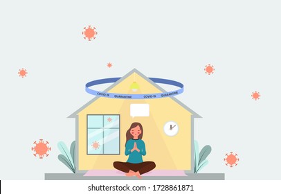 Cute character, Pink cheek, quarantine from covid-19 concept, young girl practice yoga at home, Flat style, soft pastel color vector illustration for graphic design, website or banner