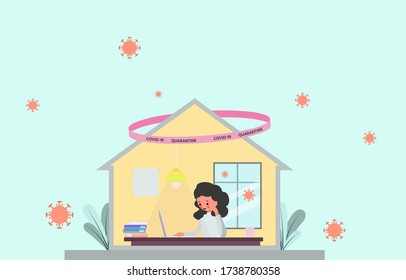 Cute character, Pink cheek, quarantine from covid-19 concept, young lady work from home under the light, rosy cheek, soft pastel color vector illustration 