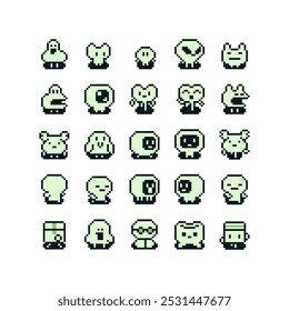 Cute character pixel art icon set. Logo for game design. 8-bit. Isolated abstract vector illustration. Game assets. Design for stickers, web, mobile app.