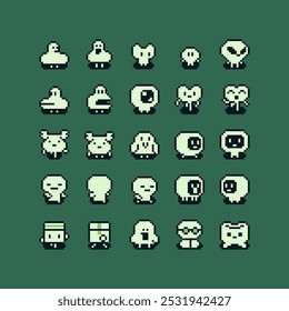 Cute character pixel art icon set. Logo for game design. 8-bit. Isolated abstract vector illustration. Game assets. Design for stickers, web, mobile app.