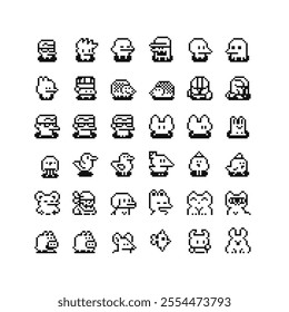 Cute character pixel art icon set. Logo for game design. 8-bit. Isolated abstract vector illustration. Game assets. Design for stickers, web, mobile app.