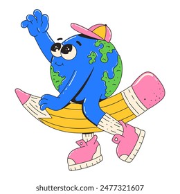 Netter Charakter des Planeten Erde sitzt auf einem Bleistift. Trendige Retro-groovige Stil Illustration. Bildung und zurück zur Schule Konzept.