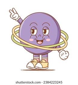 Cute Character Planet in groovy style. Isolated retro sticker on a transparent background for various purposes. Vintage vector illustration.