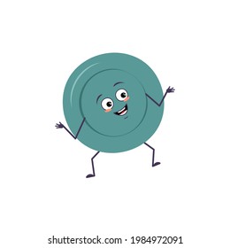 Cute character a plates with joy emotions, smile face, happy eyes, arms and legs. A mischievous dishes for a cafe. Vector flat illustration