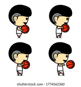 Cute character playing basketball. Throwing, basketball passing. Cartoon basketball player. Set. Illustration vector