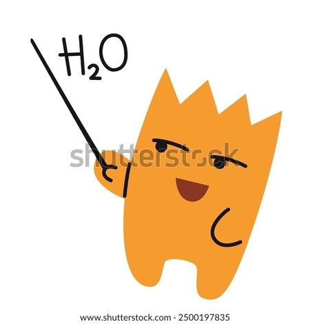 Cute character with pointer, chemistry teacher or student pointing at formula on board. Vector illustration isolated on white, hand drawn, flat design