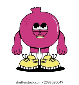 Cute character Pomegranate in groovy cartoon style. Trendy and modern illustration with funky comic mascot. Pink color of fruit. 70s, 80s retro vibes. Vector illustration