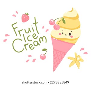 Cute character popsicles with cherries in cone. Cold dessert ice cream. Summer sweetness