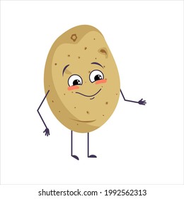 Cute character potato with joyful emotions, smiling face, happy eyes, arms and legs. A mischievous vegetable hero. Vector flat illustration
