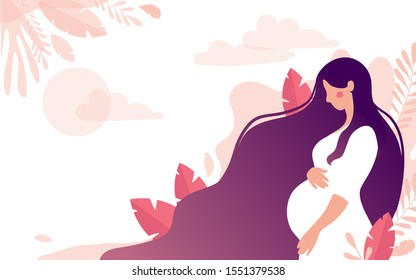 Cute character of a pregnant woman on a background of a gentle landscape with leaves and the sun, a place for text. The concept of motherhood, pregnancy, health, support for young mothers. Flat stock 