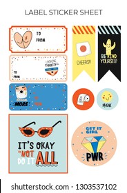 Cute character print with doodles  - creative set including trendy quotes and cool stylized elements. Cartoon style illustration in vector. Good for patches, stickers, posters, cads, shirt, stationery