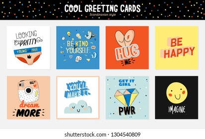 Cute character print with doodles  - creative set including trendy quotes and cool stylized elements. Cartoon style illustration in vector. Good for patches, stickers, posters, cads, shirt, stationery