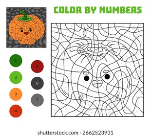 Calabaza linda del carácter con el color feliz de la cara por la actividad del número para los niños. Divertida página para colorear educativa con números. Hoja de trabajo imprimible de Halloween para niños de preescolar y jardín de infantes.