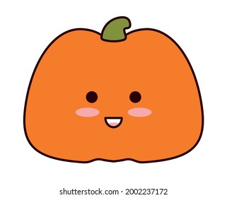 Cute character is pumpkin smiling at kids. Kawaii gourd. Cartoon face with eyes. Ripe vegetable harvested on farm. Vegan healthy food. Vector holiday autumn clipart. Flat illustration with outline.