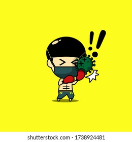 Cute character punching and uppercut virus. Boxing player fighting against virus. Illustration vector