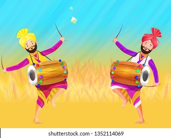 Cute character of punjabi people dancing while playing drum on wheat field background, Happy Baisakhi festival celebration poster or banner with space for your text.