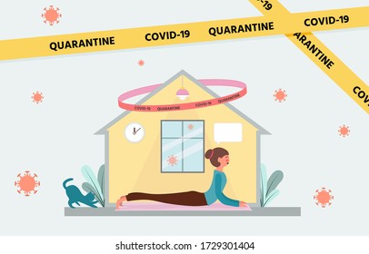 Cute character quarantine from covid-19 concept, young girl practice yoga at home, Flat style, soft pastel color vector illustration 