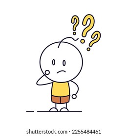 Cute character questioning. Vector thin line doodle icon illustration with little person with 3 question marks stack. Searching for solution, doubts, confusion, learning