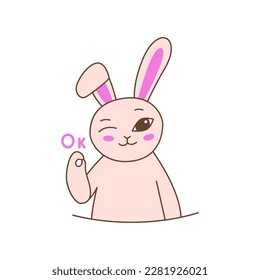 Cute character rabbit. Emotion ok hand sign. Bunny winks and smiles