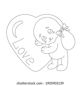 Cute character rabbit with a heart and a bow on the ear. Can be used as a sticker. Black and white vector linear image. Ideal for love cards and holidays for loved ones. 