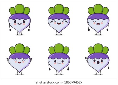 Cute Character Radish with Different Expression. Vector Cartoon Illustration Set Collection