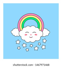 Cute character of a rainbow cloud with stars for the design of childrens wallpapers, patterns, clothes, prints, fabric. Vector character isolated on pastel blue background.