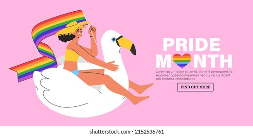 Personaje lindo con bandera arcoíris lgbt celebrar mes de orgullo o día vectorial ilustración plana. Apoyo de LGBTQ banner en medios sociales o plantilla de publicación, tarjeta de saludo o invitación de fiesta con fondo rosado. 