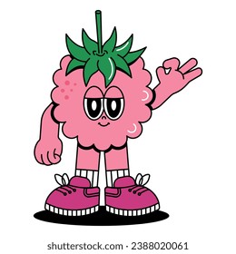 Cute character Raspberries in groovy cartoon style. Trendy and modern illustration with funky comic mascot. Pink color of fruit. 70s, 80s retro vibes. Vector illustration