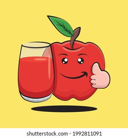 Cute character red apple fruit and fresh juice vector
